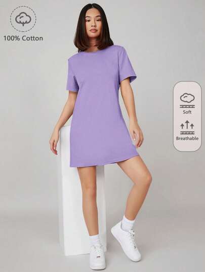SHEIN BASICS 素色小圓領T恤連衣裙