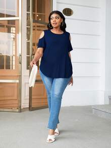 DEARCASE Áo thun Plus size Cắt ra màu trơn Giải trí - Màu xanh hải quân - Xem 3