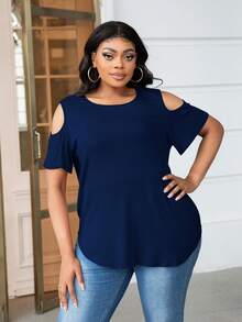 DEARCASE Áo thun Plus size Cắt ra màu trơn Giải trí - Màu xanh hải quân - Xem 4