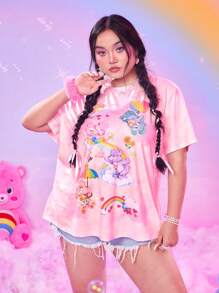 ROMWE X Care Bears Áo thun mùa hè họa tiết hoạt hình Tie Dye Plus, Trường học - Hồng - Xem 1