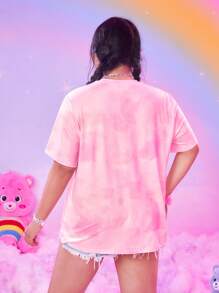 ROMWE X Care Bears Áo thun mùa hè họa tiết hoạt hình Tie Dye Plus, Trường học - Hồng - Xem 2