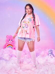 ROMWE X Care Bears Áo thun mùa hè họa tiết hoạt hình Tie Dye Plus, Trường học - Hồng - Xem 3