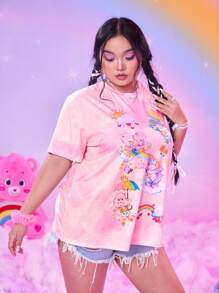 ROMWE X Care Bears Áo thun mùa hè họa tiết hoạt hình Tie Dye Plus, Trường học - Hồng - Xem 4