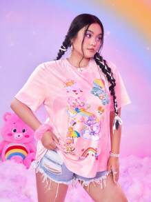 ROMWE X Care Bears Áo thun mùa hè họa tiết hoạt hình Tie Dye Plus, Trường học - Hồng - Xem 5