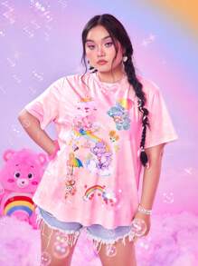 ROMWE X Care Bears Áo thun mùa hè họa tiết hoạt hình Tie Dye Plus, Trường học - Hồng - Xem 6