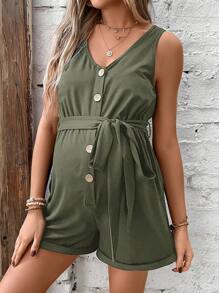 SHEIN Maternidad Mono tank con botón delantero con cinturón - Verde militar - Ver 4