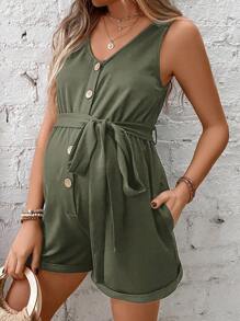 SHEIN Maternidad Mono tank con botón delantero con cinturón - Verde militar - Ver 5