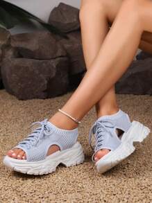 Fashionable Outdoor Sports Sandals For Women, Knit Detail Cut Out Design Lace-up Front Sandals - Grey - View 1