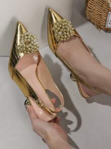 魅力四射金色高跟鞋適用於女士金屬質感鱷魚壓紋串珠裝飾尖頭高跟后提帶高跟單鞋 - 金色 - 查看 2