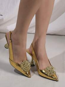 魅力四射金色高跟鞋適用於女士金屬質感鱷魚壓紋串珠裝飾尖頭高跟后提帶高跟單鞋 - 金色 - 查看 3