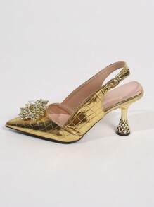 魅力四射金色高跟鞋適用於女士金屬質感鱷魚壓紋串珠裝飾尖頭高跟后提帶高跟單鞋 - 金色 - 查看 4