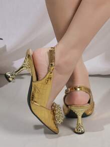 魅力四射金色高跟鞋適用於女士金屬質感鱷魚壓紋串珠裝飾尖頭高跟后提帶高跟單鞋 - 金色 - 查看 5