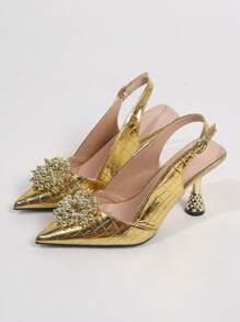 魅力四射金色高跟鞋適用於女士金屬質感鱷魚壓紋串珠裝飾尖頭高跟后提帶高跟單鞋 - 金色 - 查看 7