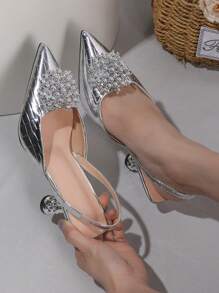 Glamorous Silver Pumps For Women, Metallic Crocodile Embossed Beaded Decor Point Toe Pyramid Heeled Slingback Pumps, Elegant,Party Outfits,Pointed Heels - Silver - View 2