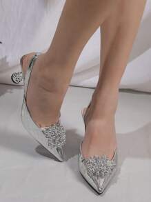 Glamorous Silver Pumps For Women, Metallic Crocodile Embossed Beaded Decor Point Toe Pyramid Heeled Slingback Pumps, Elegant,Party Outfits,Pointed Heels - Silver - View 3