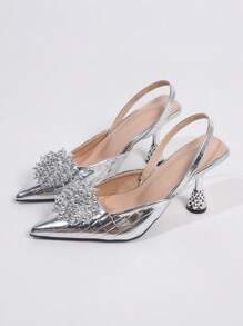 Glamorous Silver Pumps For Women, Metallic Crocodile Embossed Beaded Decor Point Toe Pyramid Heeled Slingback Pumps, Elegant,Party Outfits,Pointed Heels - Silver - View 5