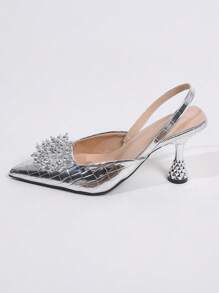 Glamorous Silver Pumps For Women, Metallic Crocodile Embossed Beaded Decor Point Toe Pyramid Heeled Slingback Pumps, Elegant,Party Outfits,Pointed Heels - Silver - View 6