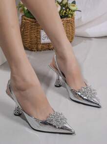Glamorous Silver Pumps For Women, Metallic Crocodile Embossed Beaded Decor Point Toe Pyramid Heeled Slingback Pumps, Elegant,Party Outfits,Pointed Heels - Silver - View 7