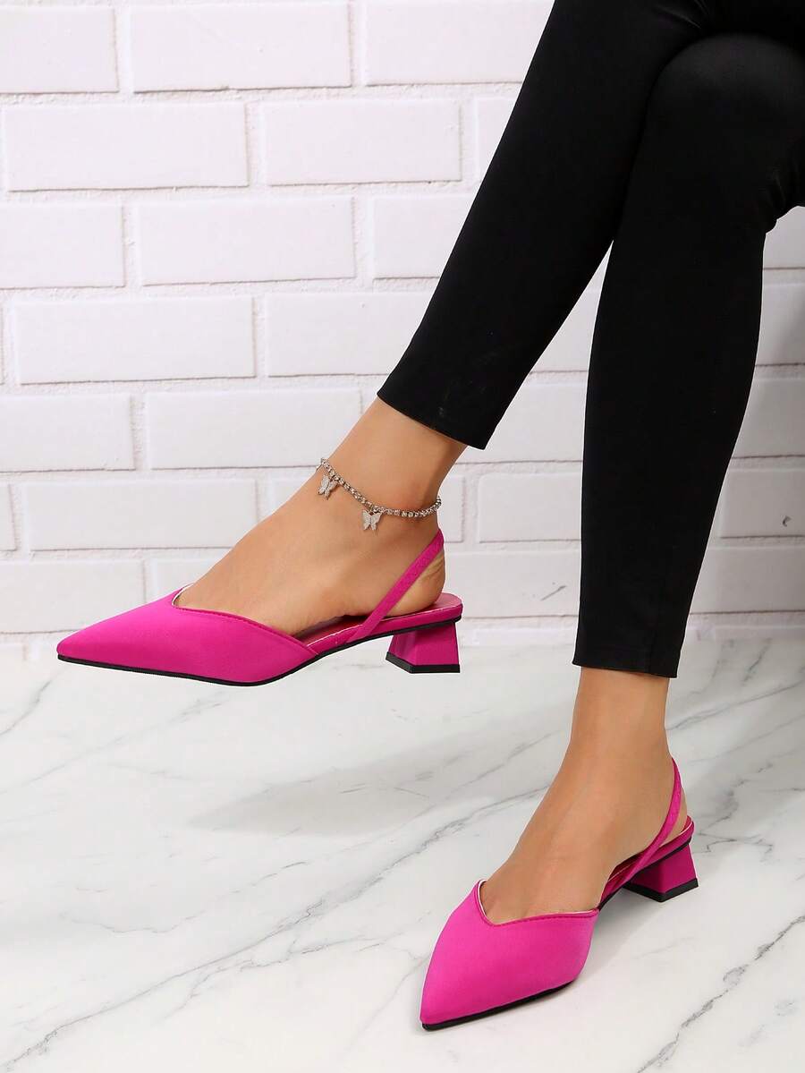 前衛女式淺口鞋，尖頭粗跟露跟淺口鞋 - 玫紅色 - 查看 1
