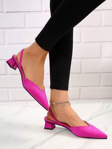 前衛女式淺口鞋，尖頭粗跟露跟淺口鞋 - 玫紅色 - 查看 5