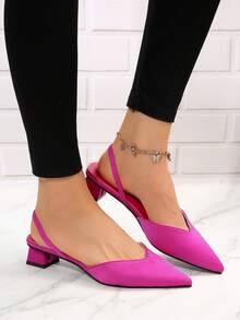 前衛女式淺口鞋，尖頭粗跟露跟淺口鞋 - 玫紅色 - 查看 6