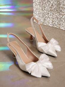 迷人白色女式高跟鞋，蝴蝶結裝飾尖頭金字塔高跟緞面露跟高跟鞋 - 白色 - 查看 4