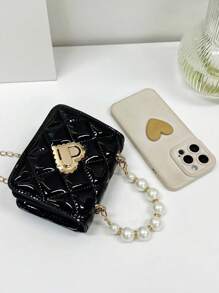 Túi trang trí chuỗi ngọc trai giả cho bé gái Túi vuông nắp PU - màu đen - Xem 3