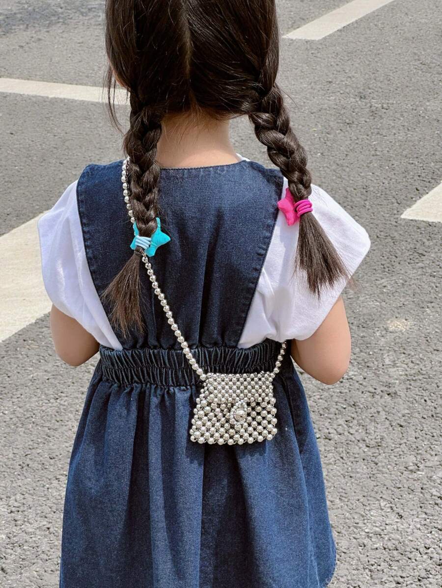 1 件女童兒童珍珠配件串珠翻蓋可愛公主時尚迷你兒童單肩包適合春夏搭配衣服或日常使用 - 銀色 - 查看 1