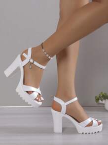Elegant White Sandals For Women, Rhinestone Decor Criss Cross Platform Chunky Heeled Ankle Strap Sandals - White - View 3