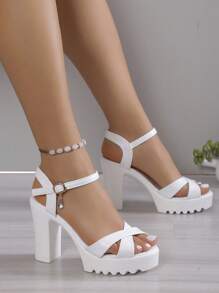 Elegant White Sandals For Women, Rhinestone Decor Criss Cross Platform Chunky Heeled Ankle Strap Sandals - White - View 5