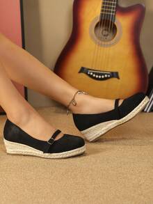 Vacation Court Wedges For Women, Faux Suede Slip-on Espadrille Wedge Shoes - Black - View 1