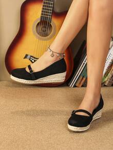 Vacation Court Wedges For Women, Faux Suede Slip-on Espadrille Wedge Shoes - Black - View 2