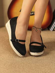 Vacation Court Wedges For Women, Faux Suede Slip-on Espadrille Wedge Shoes - Black - View 3