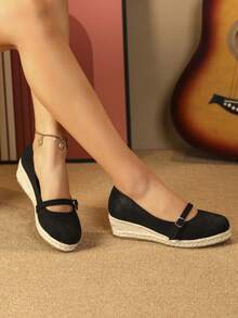 Vacation Court Wedges For Women, Faux Suede Slip-on Espadrille Wedge Shoes - Black - View 4