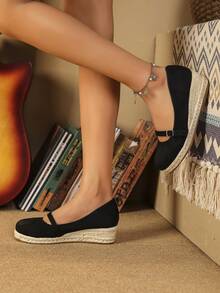 Vacation Court Wedges For Women, Faux Suede Slip-on Espadrille Wedge Shoes - Black - View 5
