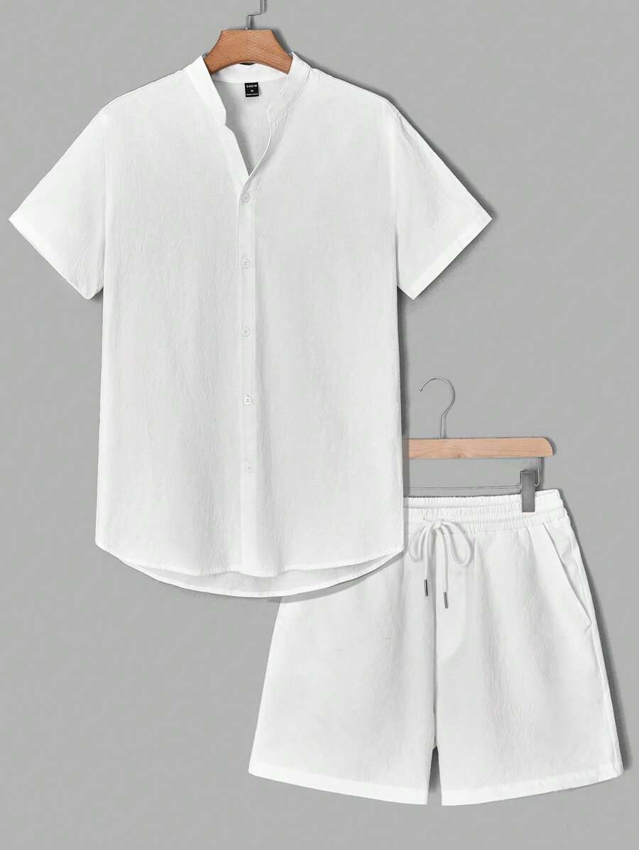 GENTILAND Nam Bông Chất rắn Nút phía trước Áo sơ mi & Eo dây rút Quần short - trắng - Xem 1