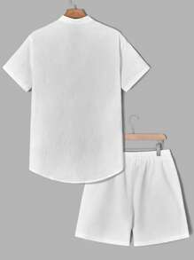 GENTILAND Nam Bông Chất rắn Nút phía trước Áo sơ mi & Eo dây rút Quần short - trắng - Xem 2