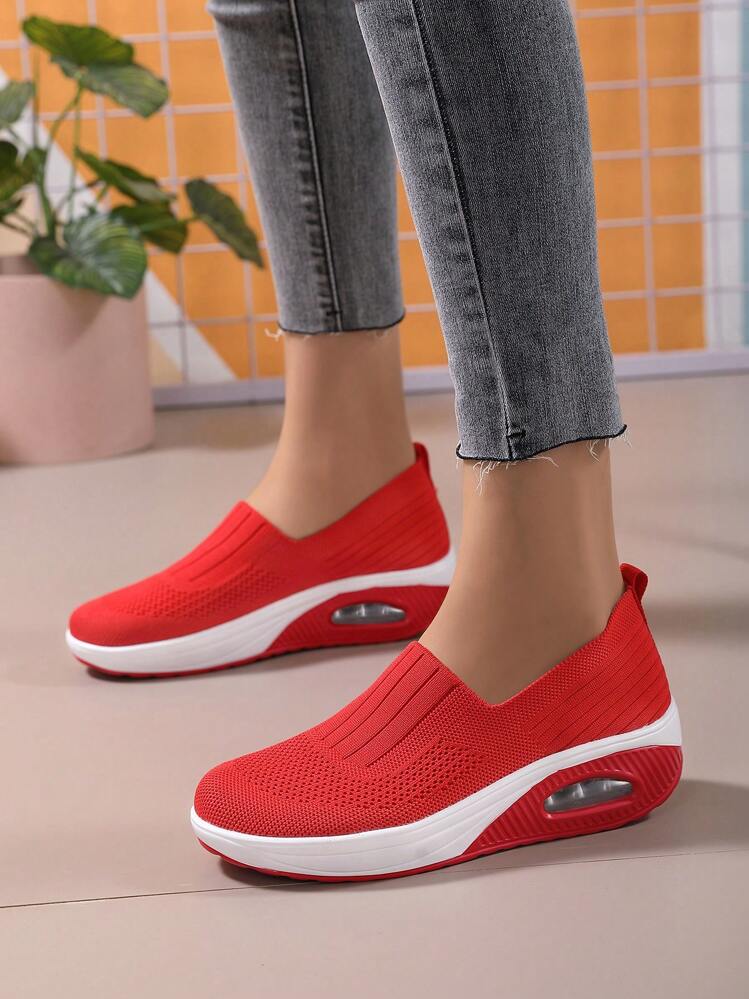 Sporty Rocking Shoes For Women, Knit Detail Slip-on Outdoor Sneakers - Red - View 2