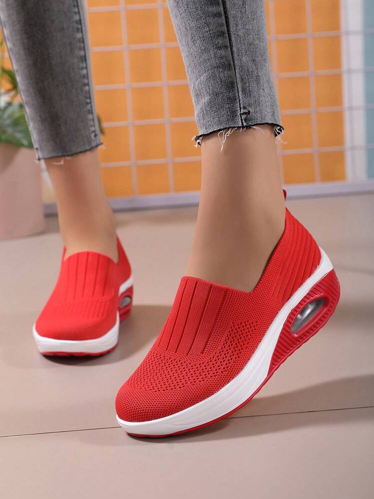 Sporty Rocking Shoes For Women, Knit Detail Slip-on Outdoor Sneakers - Red - View 3