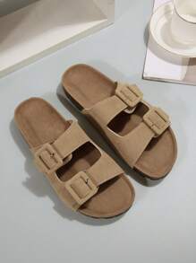 Xăng đan thời trang cho nữ, Xăng đan đế bằng giả da lộn có khóa trang trí - Màu be - Xem 3