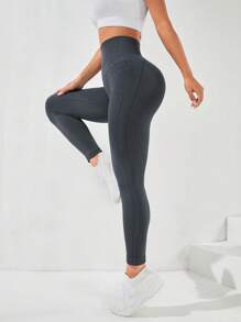 SHEIN Daily&Casual Quần Leggings Thể thao Nữ màu trơn - Màu xám đen - Xem 3