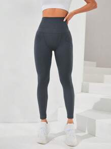 SHEIN Daily&Casual Quần Leggings Thể thao Nữ màu trơn - Màu xám đen - Xem 4
