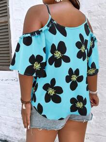 SHEIN Holidaya Plus Floral Print Cold Shoulder Blouse - Blue - View 2