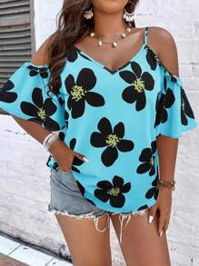 SHEIN Holidaya Plus Floral Print Cold Shoulder Blouse - Blue - View 3