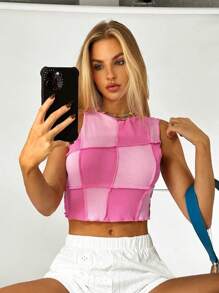 SHEIN EZwear 撞色木耳邊短款背心 - 粉色 - 查看 7