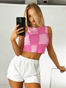 SHEIN EZwear 撞色木耳邊短款背心 - 粉色 - 查看 3