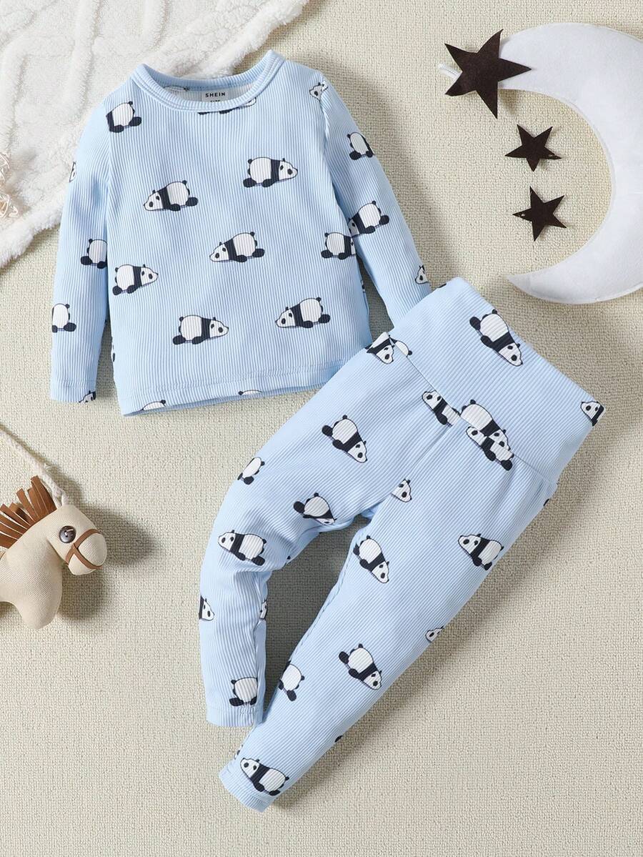 Baby Panda Print Tee & Trousers PJ Set - Baby Blue - View 1