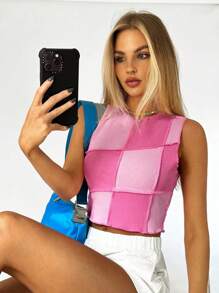 SHEIN EZwear 撞色木耳邊短款背心 - 粉色 - 查看 4