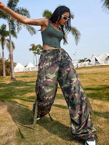 Y2K街头风纯色抽绳腰带翻盖口袋装饰宽松休闲阔腿降落伞工装裤 - 彩色 - 查看 3