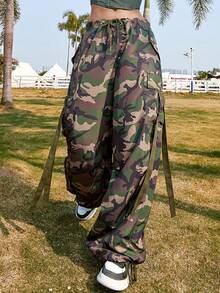 Y2K街头风纯色抽绳腰带翻盖口袋装饰宽松休闲阔腿降落伞工装裤 - 彩色 - 查看 4